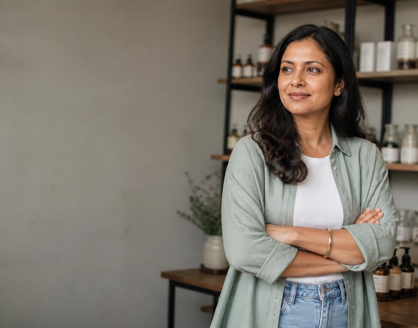 A business owner in her workspace, looking ahead